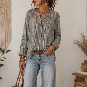 B.L.E.U. Striped Henley Blouse Long Sleeve Boho Pleated Back Grey Cream Large j3